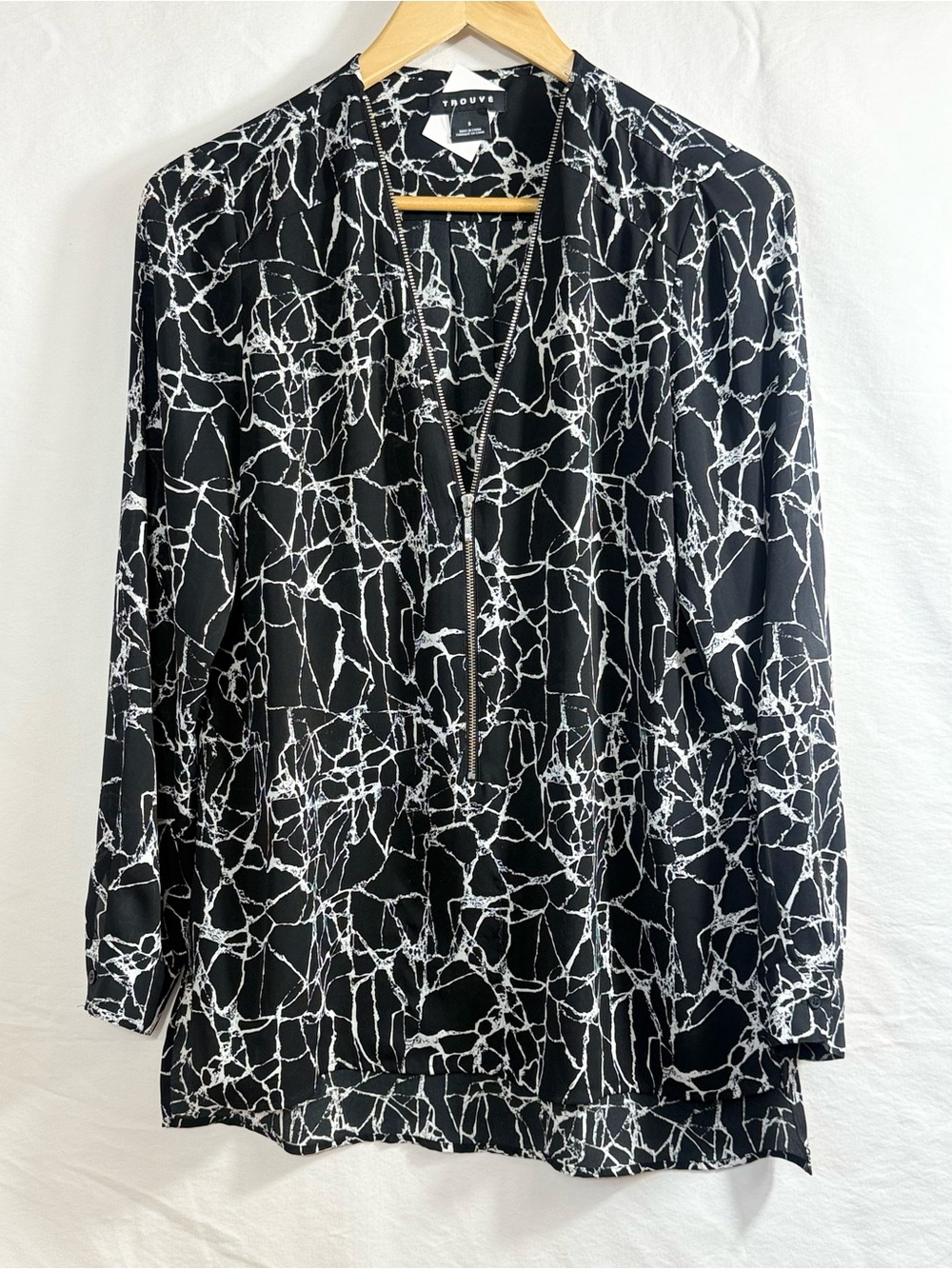 Trouvé Black and White Marble Print Zip-Up Blouse